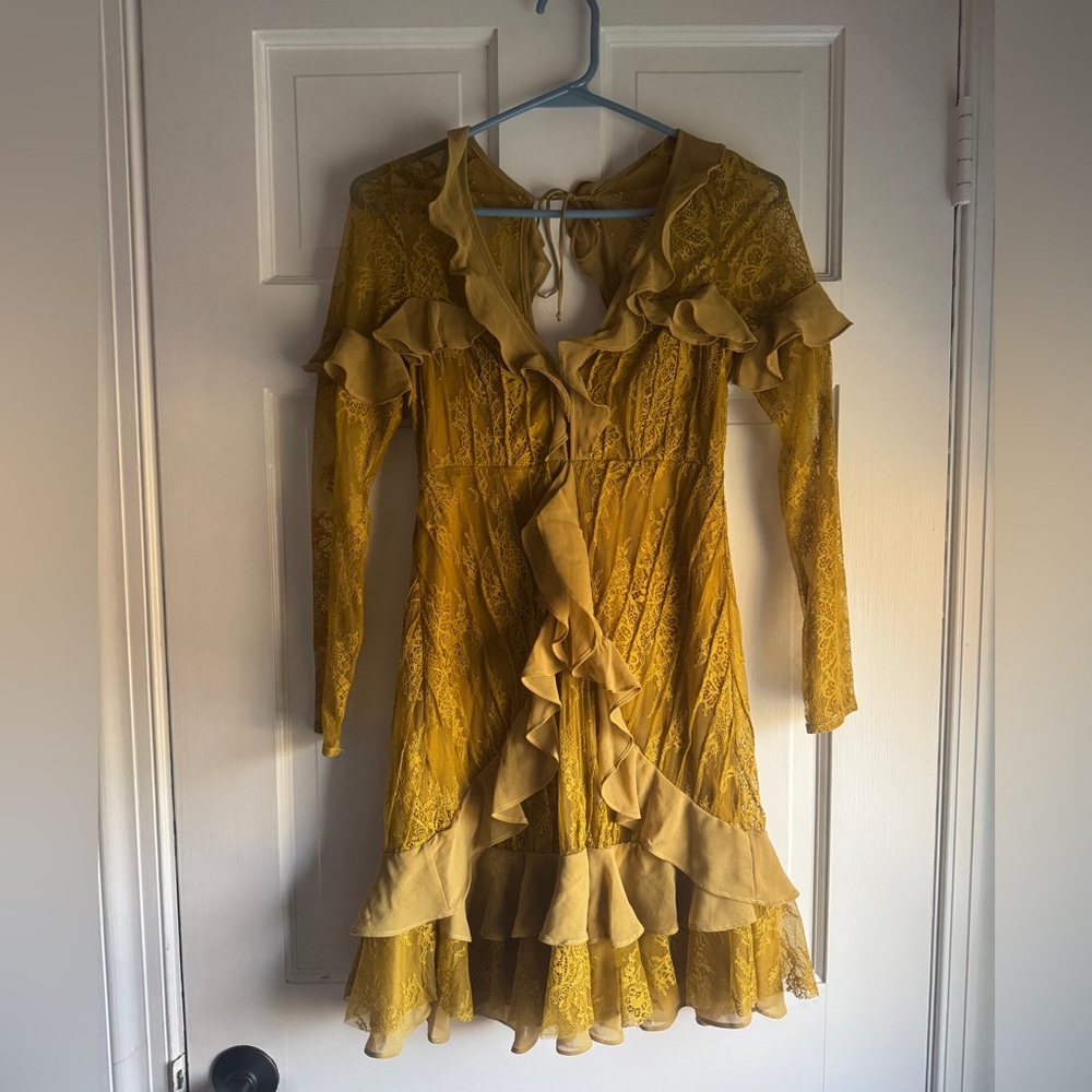 NWT For Love & Lemons Sz XS Daphne Mini Long Sleeve Ruffled Dress, Chartreuse